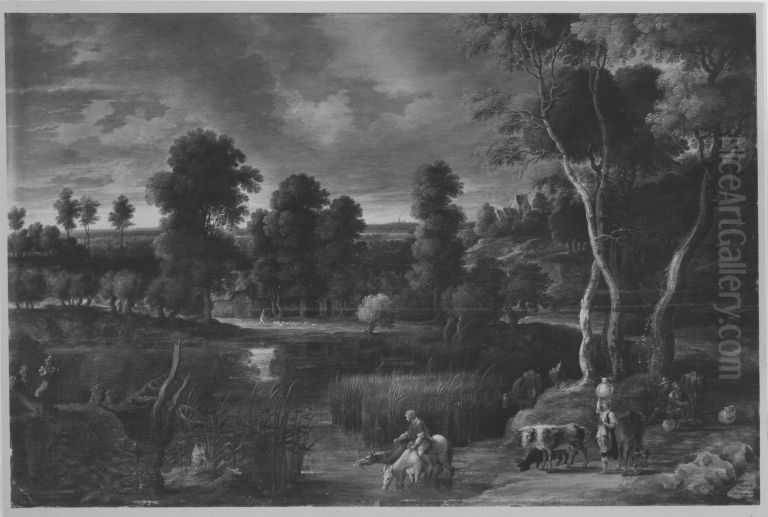 Flachlandschaft bei Sonnenuntergang Oil Painting by Lucas Van Uden