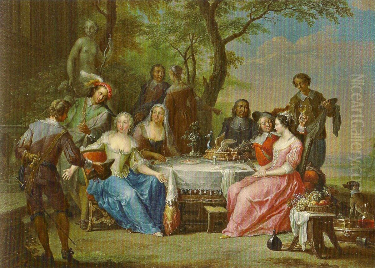 Elegant company dining in a garden Oil Painting by Frans Christoph Janneck