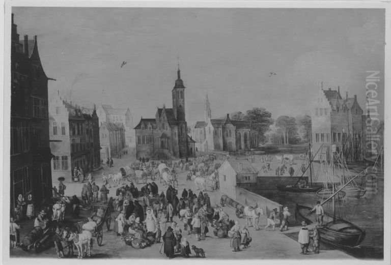 Marktplatz mit Gracht Oil Painting by Sebastiaen Vrancx