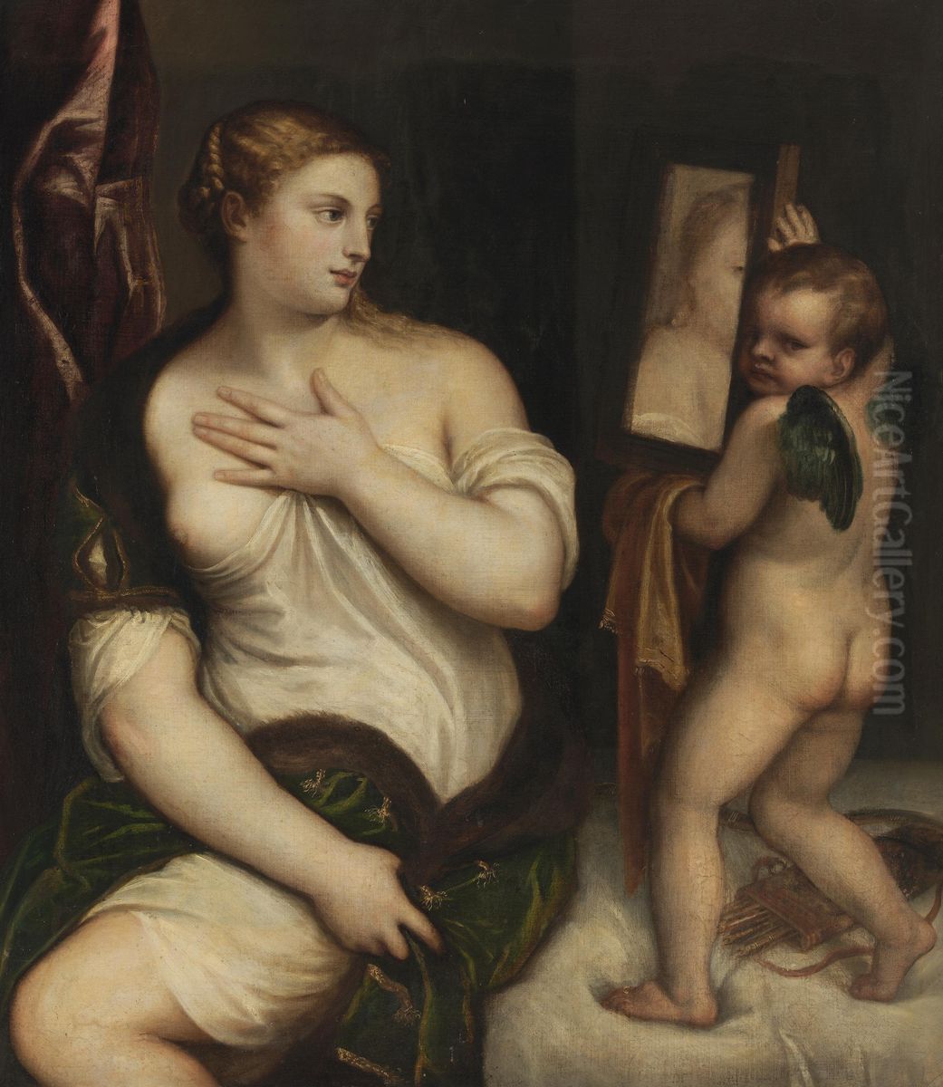 Venus und Cupido mit Spiegel Oil Painting by Titian