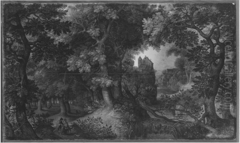 Waldlandschaft mit der Verstossung von Hagar und Ismael Oil Painting by Gillis van Coninxloo