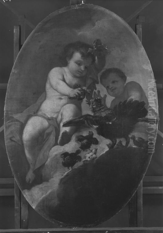Zwei Genien mit Bruthenne Oil Painting by Antonio Bellucci