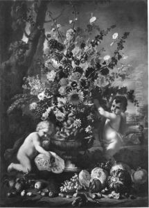 Blumen, Fruchte und Kinder am Boden eines Gartens