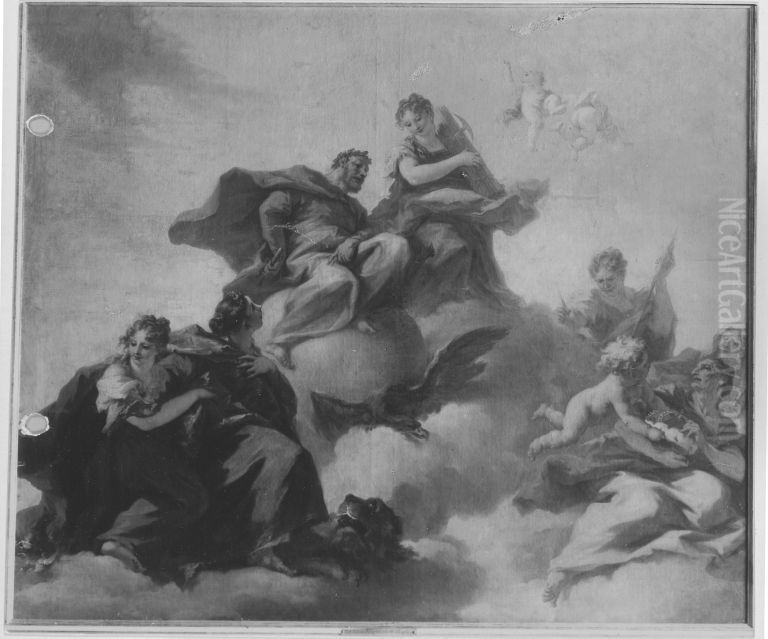 Allegorie auf die Wiedererlangung der pfalzischen Kurwurde durch Johann Wilhelm von der Pfalz Oil Painting by Giovanni Antonio Pellegrini