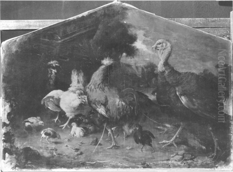 Huhnerhof Oil Painting by Melchior D'Hondecoeter