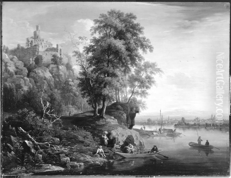 Flusslandschaft mit Burg Oil Painting by Christian Georg Schutz