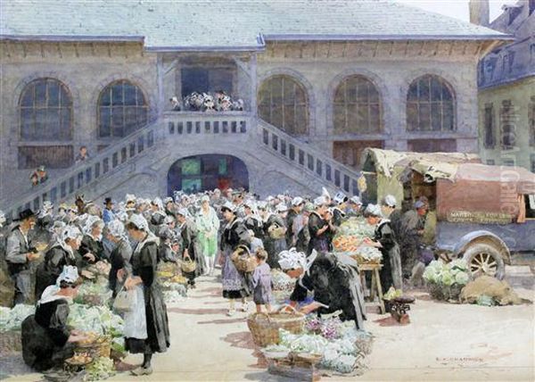 The Green Market, Concarneau Oil Painting by Ernest Albert Chadwick