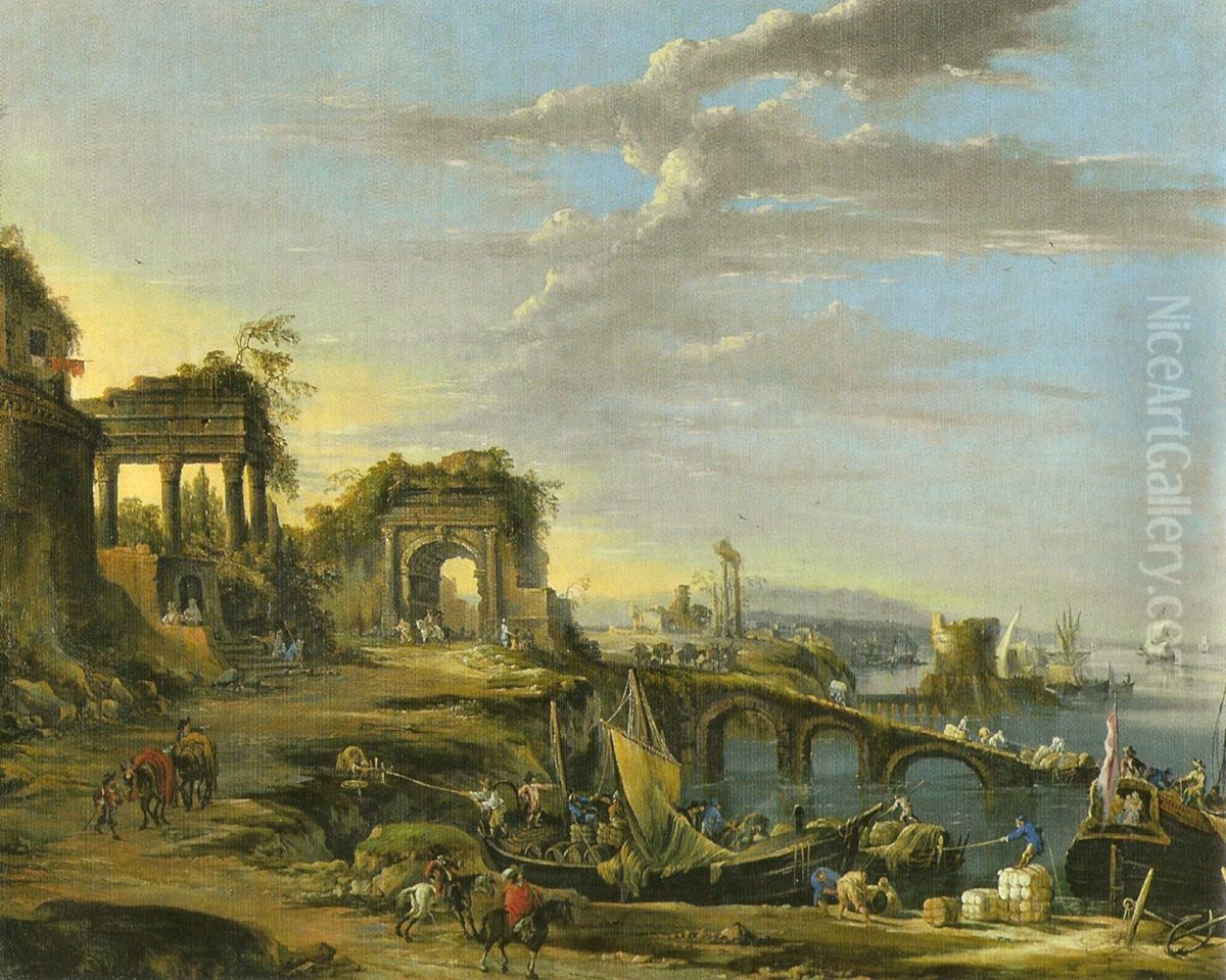 Kustenlandschaft mit antiken Ruinen Oil Painting by Johann Anton Eismann