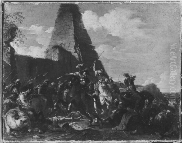 Reiterkampf gegen Orientalen vor einer Pyramide Oil Painting by Jacques Courtois