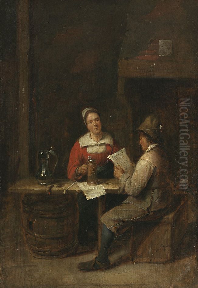 Man with letter and woman with a jar in an interior Oil Painting by Gillis van Tilborgh