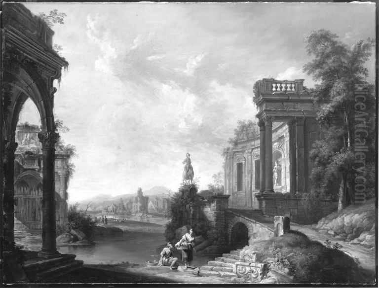 Flusslandschaft mit Ruinen Oil Painting by Christian Georg Schutz