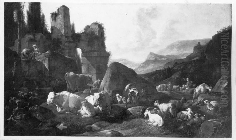 Italienische Ruinenlandschaft mit Hirten und ruhender Viehherde Oil Painting by Johann Heinrich Roos