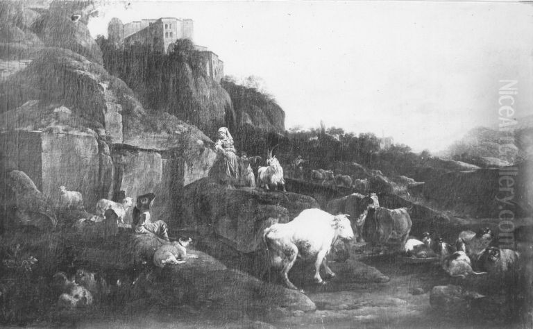 Italienische Ruinenlandschaft mit Vieh Oil Painting by Johann Heinrich Roos