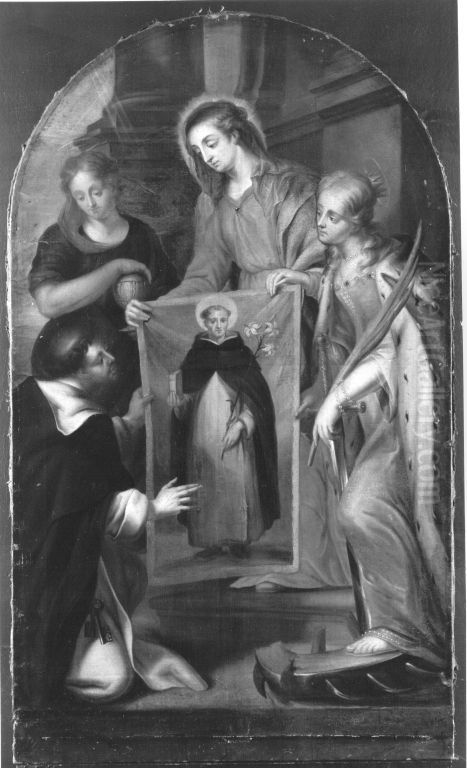 Maria, Magdalena und Katharina zeigen das Bild des hl. Dominikus mit Buch und Lilie dem hl. Thomas von Aquin Oil Painting by Oswald Onghers