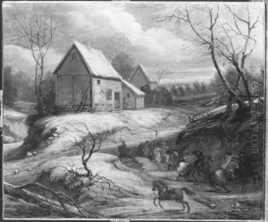 Winter landscape with fighting riders