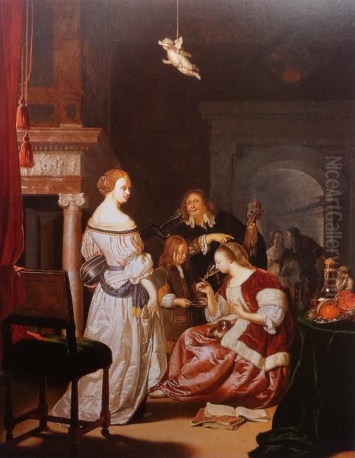 An Elegant Company in an Interior Oil Painting by Frans van Mieris