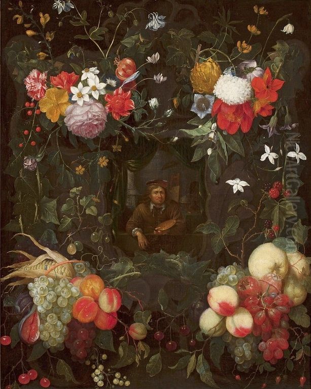 Portrait of a painter in a circle of flowers and fruit Oil Painting by Cornelis van Huynen
