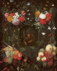 Portrait of a painter in a circle of flowers and fruit