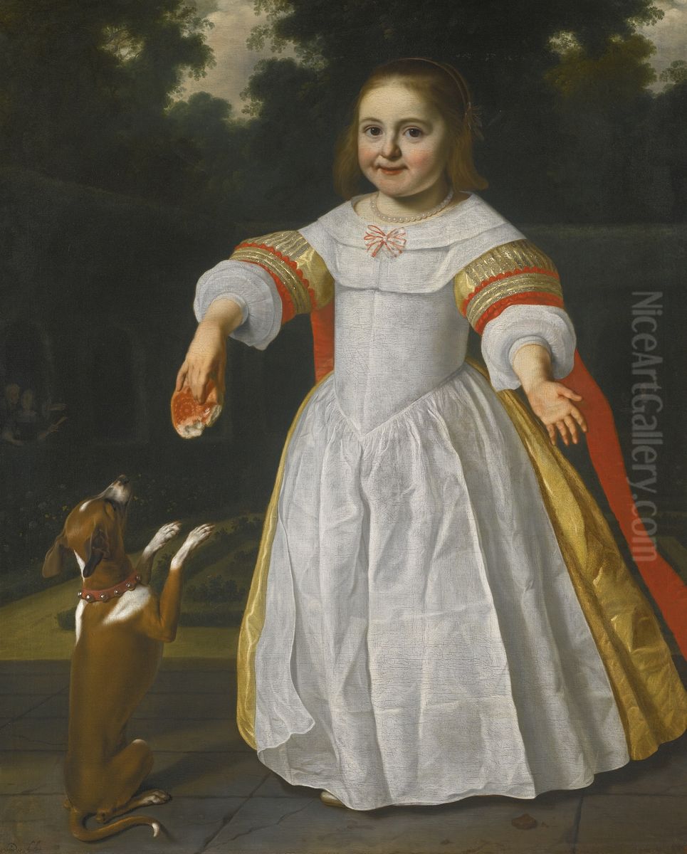 Portrait of a Girl with a Bread-bun and a Dog Oil Painting by Bartholomeus Van Der Helst