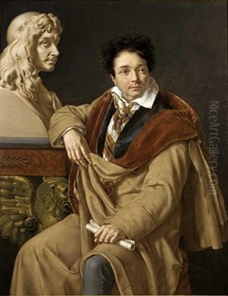 Portrait of a man with the a bust of Moliere in the background Oil Painting by Isidore Pean Du Pavillon