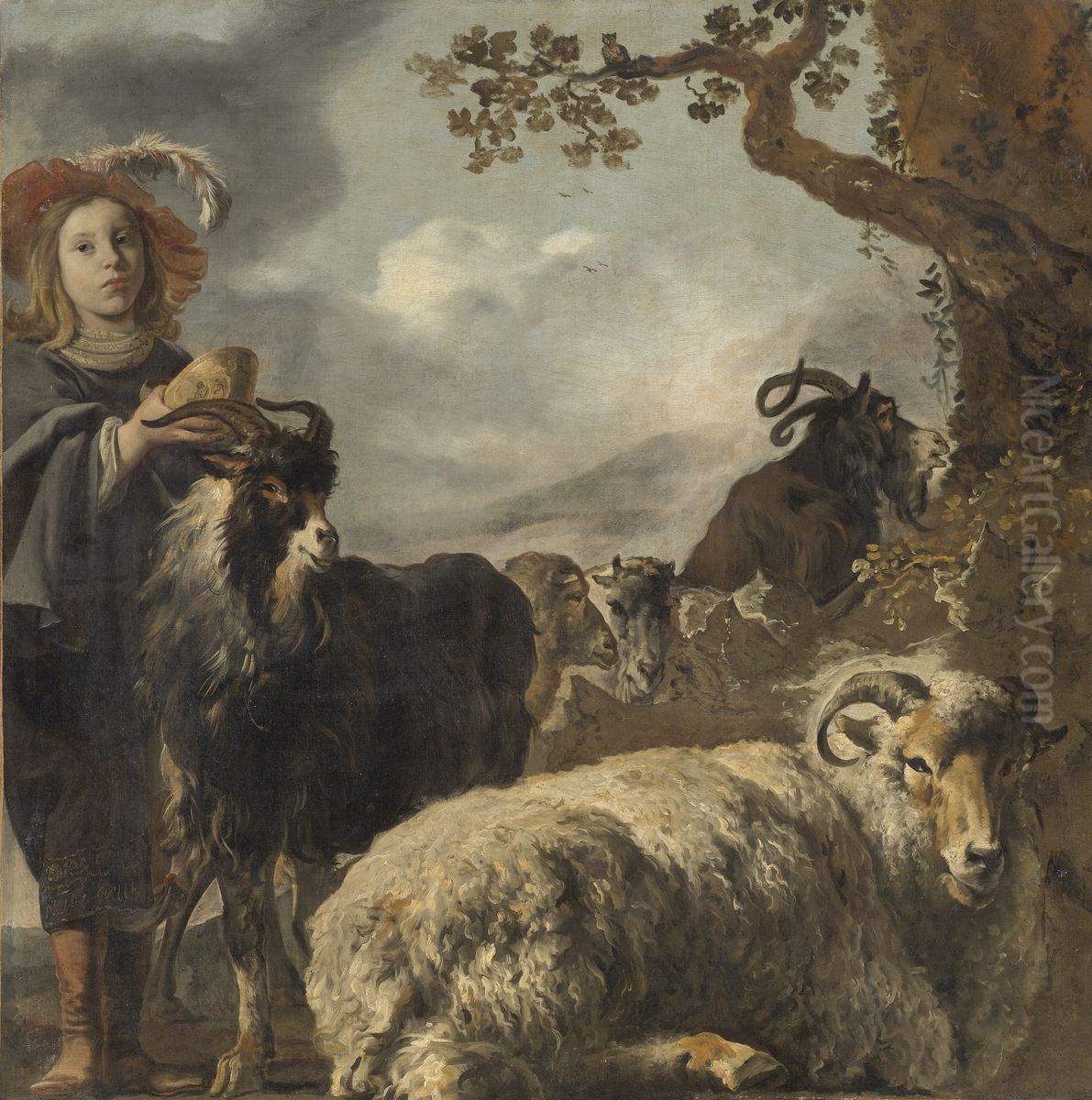 Shepherds boy with sheep and goats Oil Painting by unknown