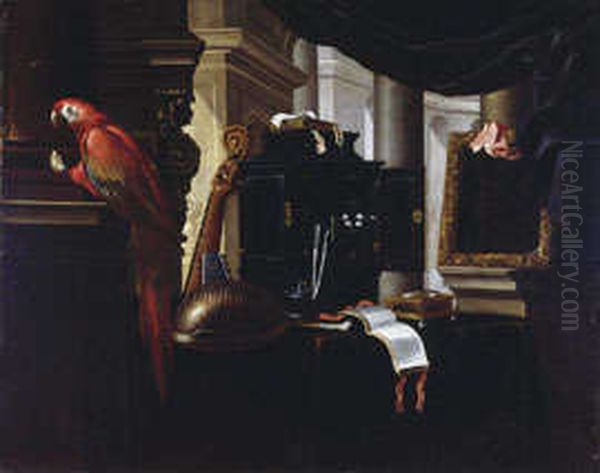 Still life with musical instruments and a parrot. Oil Painting by Evaristo Baschenis