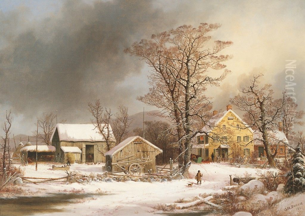 Winter in the Country: A Cold Morning Oil Painting by George Henry Durrie
