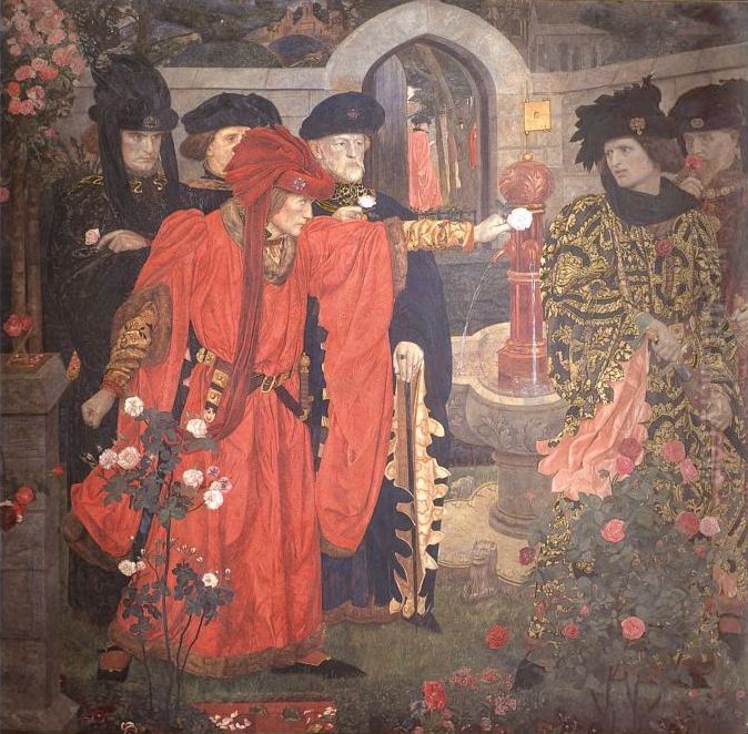 Plucking the Red and White Roses in the Old Temple Gardens Oil Painting by unknown