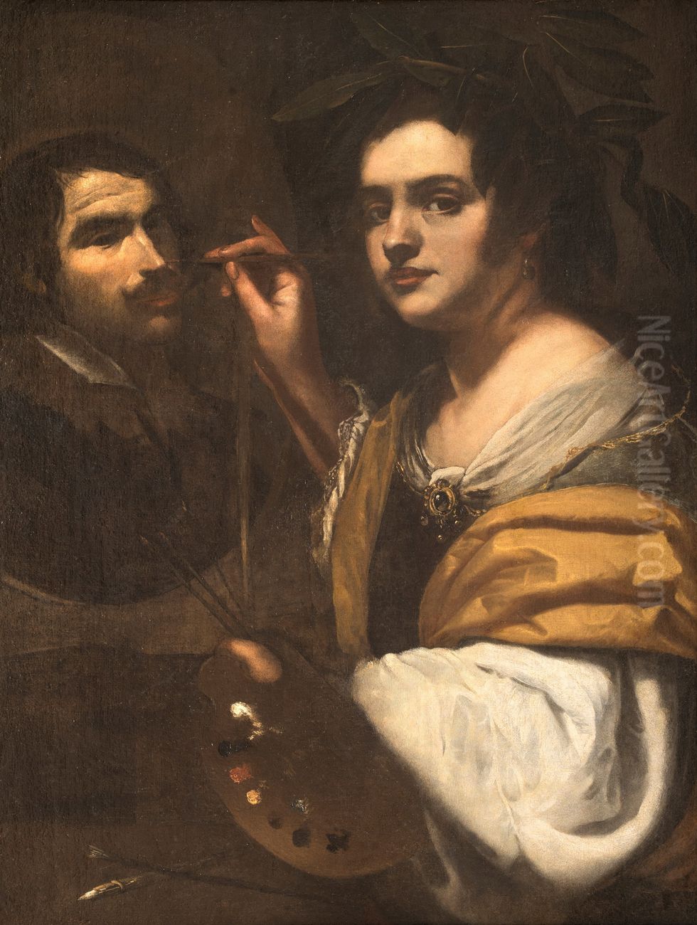 A Woman Painting a Man (Autoritratto - Allegoria della Pittura) Oil Painting by Artemisia Gentileschi