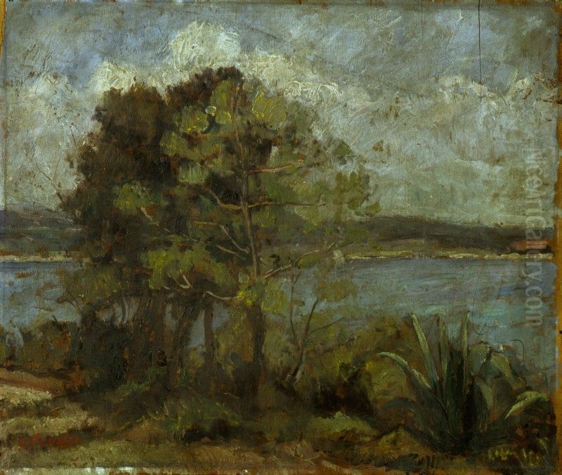 Broni o Paesaggio con alberi e mare Oil Painting by Enrico Fonda