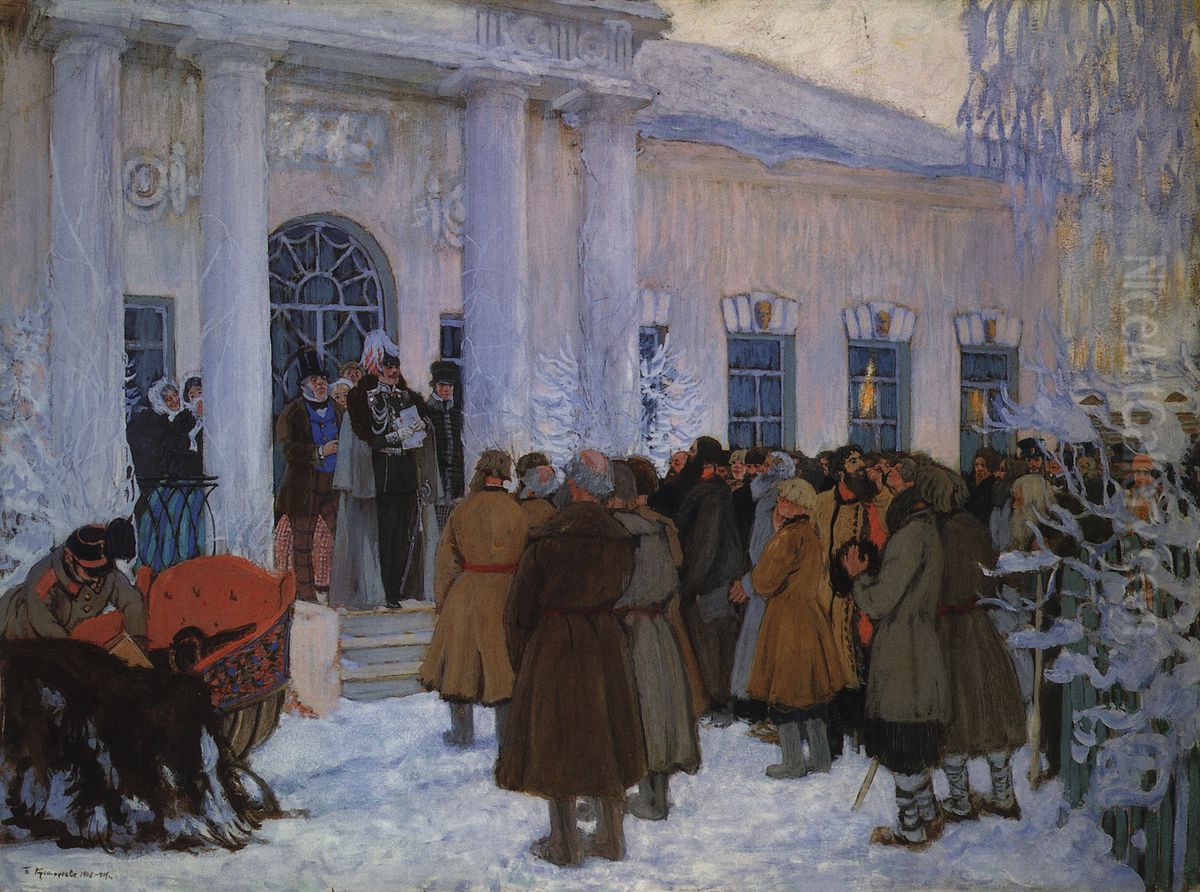 Ctenie manifesta Oil Painting by Boris Kustodiev