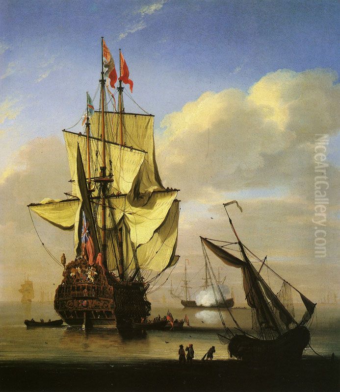 An English Warship Oil Painting by Willem van de Velde the Younger
