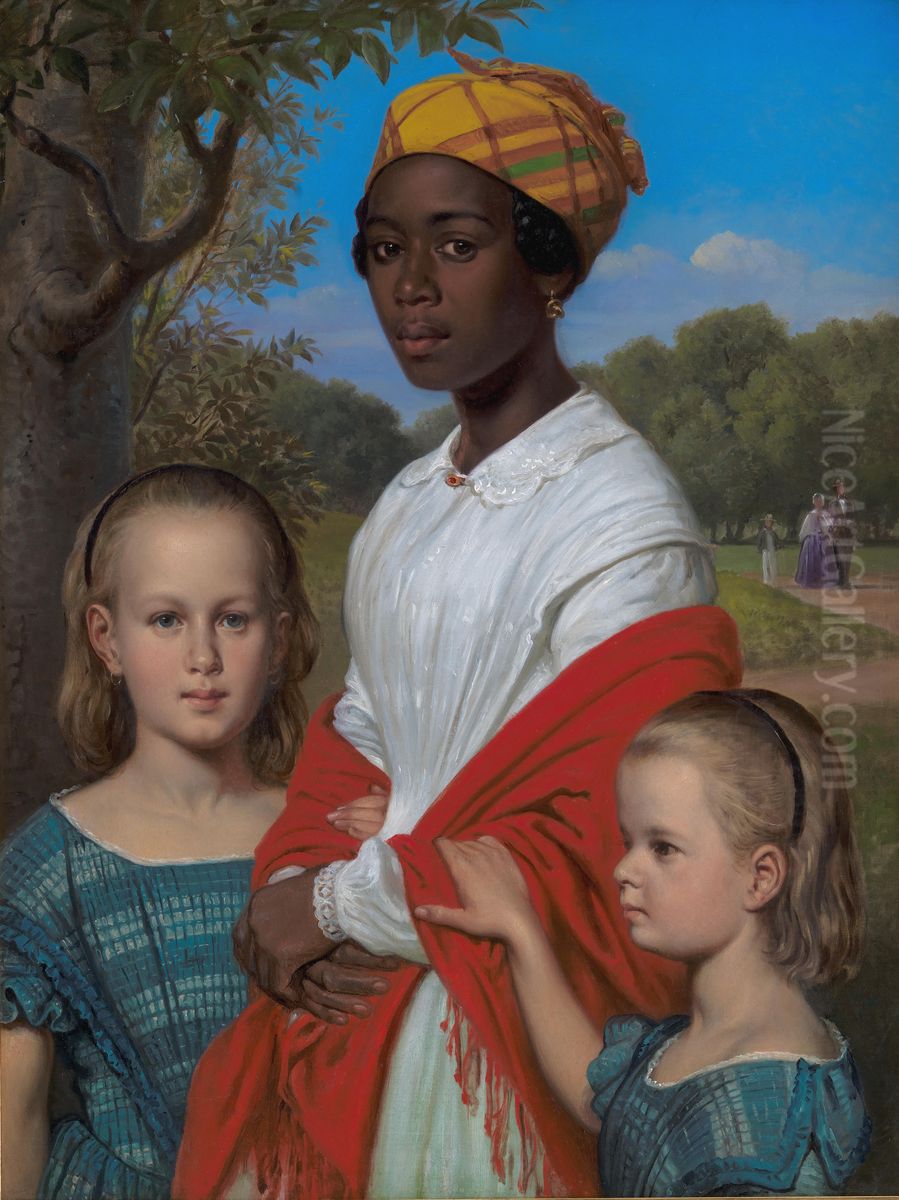 Portrait of Otto Marstrands two daughters and their vestindian nanny, Justina, in Frederiksberg Garden Oil Painting by Wilhelm Marstrand
