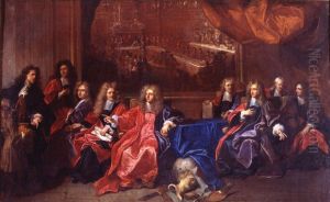 Le prevot et les echevins de la ville de Paris deliberant d'une fete en l'honneur du diner de Louis XIV a l'hotel de ville apres sa guerison en 1689