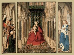 Saint Michael with a donor (left wing), Virgin and Child enthroned (centre panel), Saint Catharin (right wing)