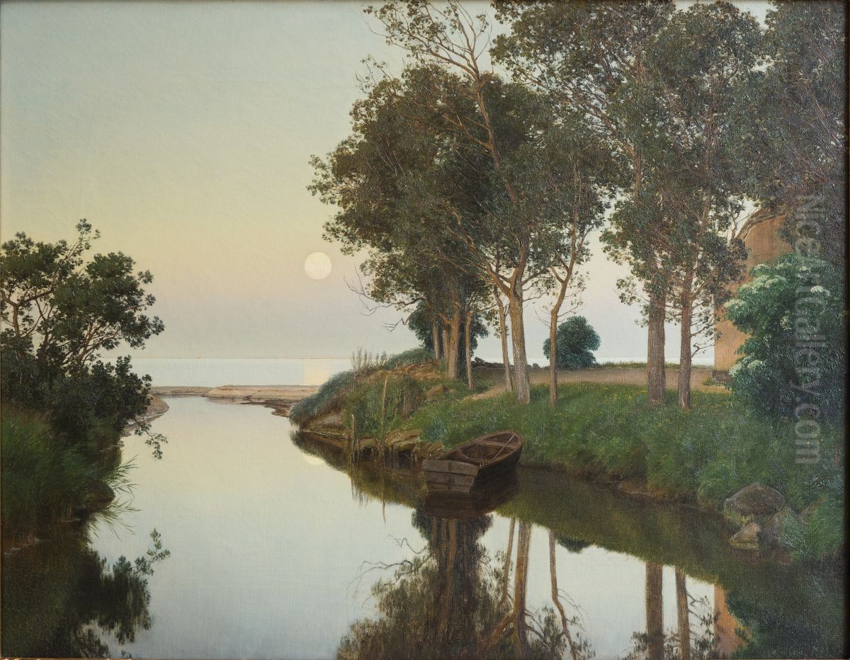 Quiet Summer Evening by the River Mouth Oil Painting by Janus Andreas Bartholin La Cour
