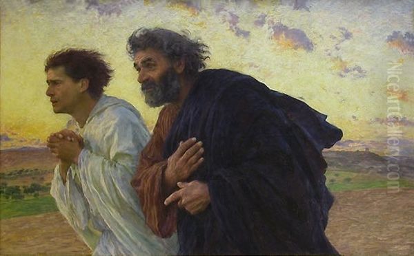 The disciples Peter and John running to the tomb on the morning of the resurrection Oil Painting by Eugene Burnand