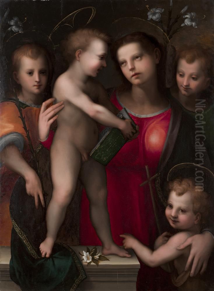 The Virgin and Child with the Young Saint John the Baptist and Two Angels Oil Painting by Domenico Puligo