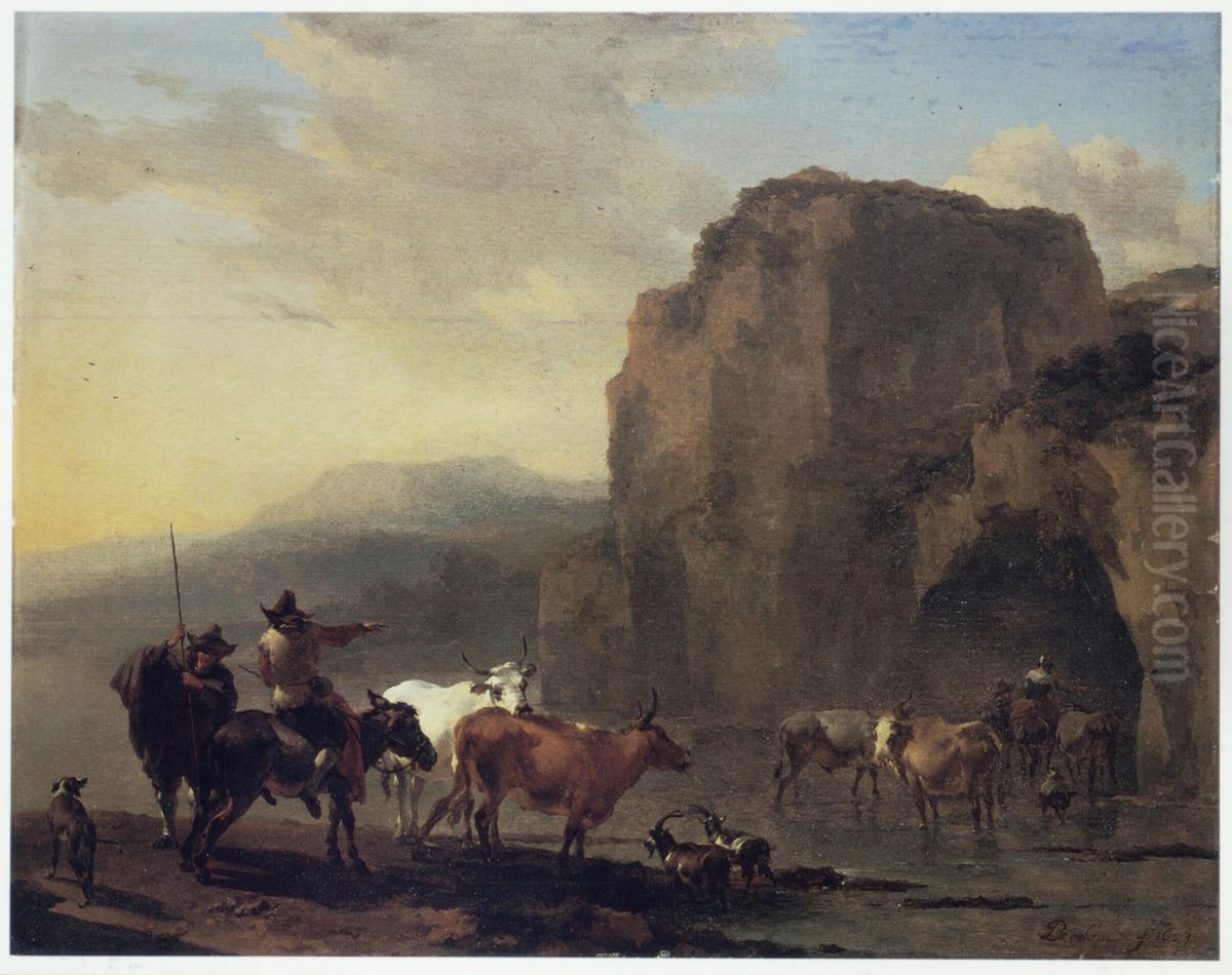 Italianate Landscape with Herd crossing a River Oil Painting by Nicolaes Pieterszoon Berchem