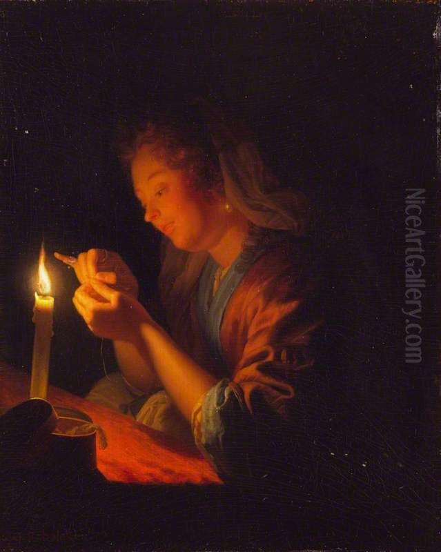 Girl Threading a Needle by Candlelight Oil Painting by Godfried Schalcken