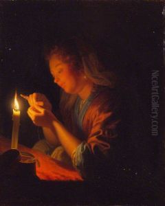 Girl Threading a Needle by Candlelight