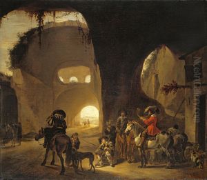 Falcon hunters in front of an inn in a ruin