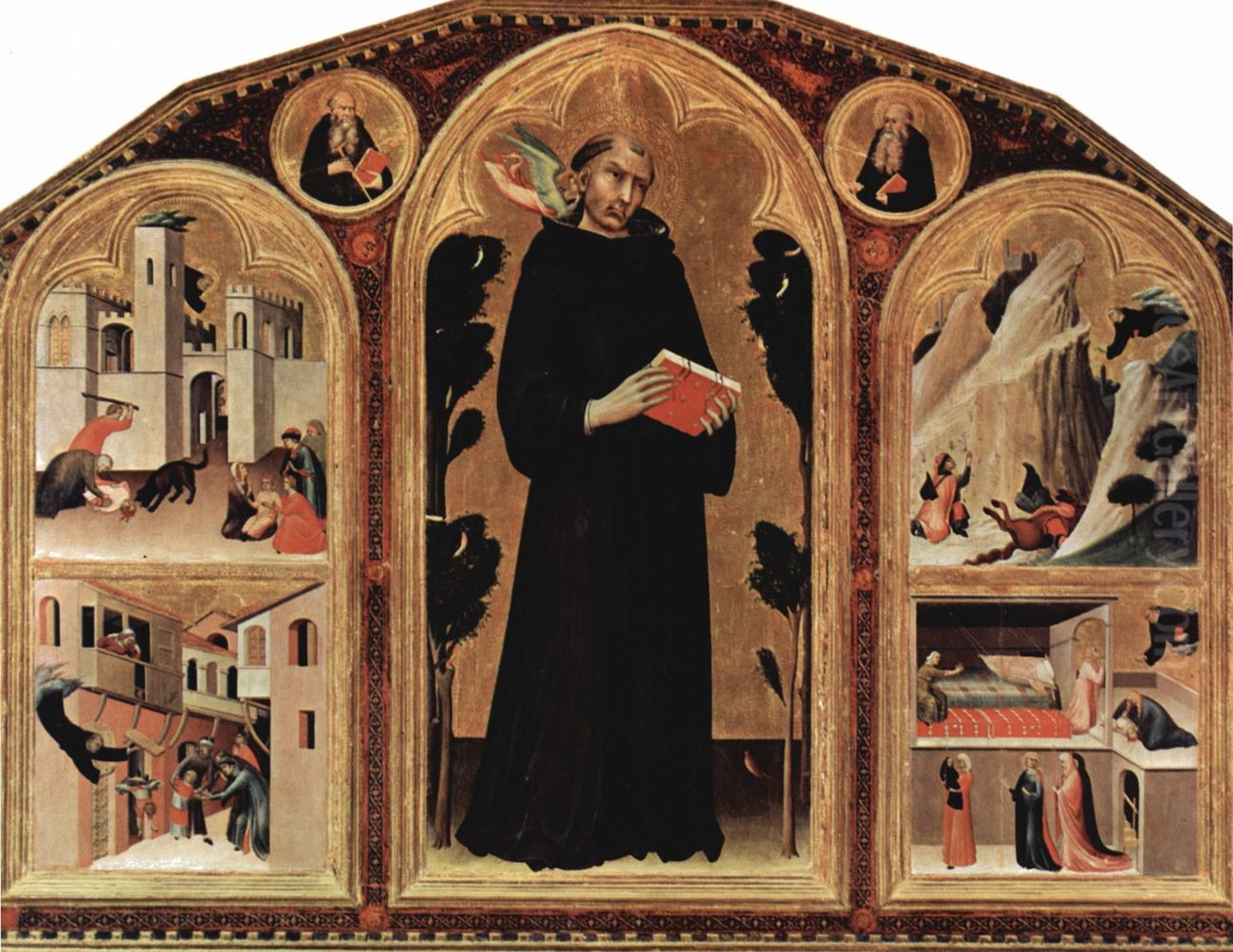 Stehender Augustinus, dem ein Engel ins Ohr flustert, Aussentafeln: Szenen mit Wunderheilungen des Hl. Augustinus Oil Painting by Simone Martini