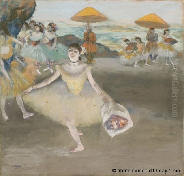 Dancer with bouquet, bowing on stage Oil Painting by Edgar Degas