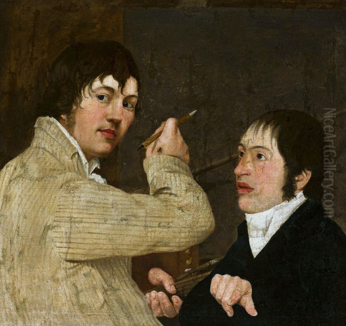Self-portrait with a friend and a fly. Oil Painting by Jan Antoni Blank