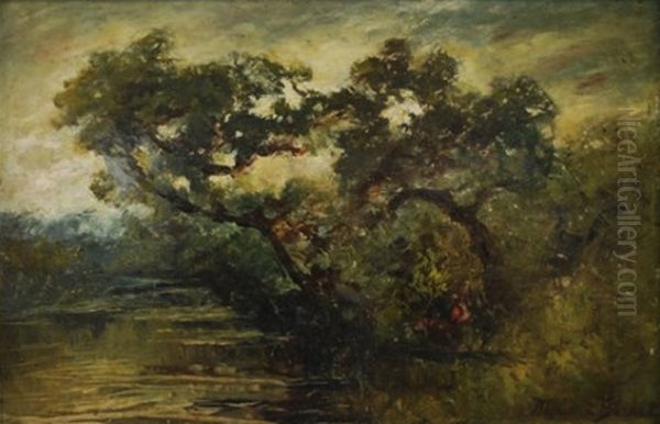 River Landscape with Overhanging Trees Oil Painting by Maria a'Becket