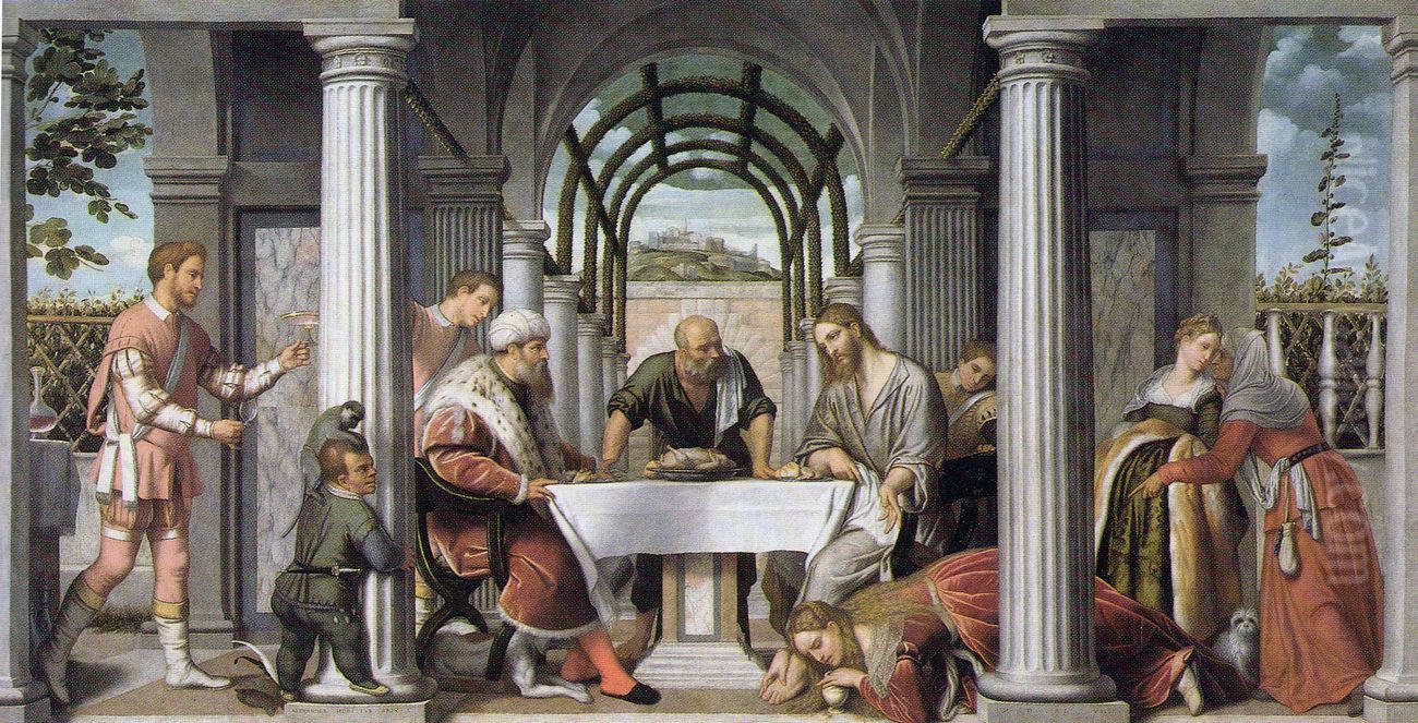 Dinner in the house of Simon the Pharisee Oil Painting by Alessandro Bonvicino (Moretto da Brescia)