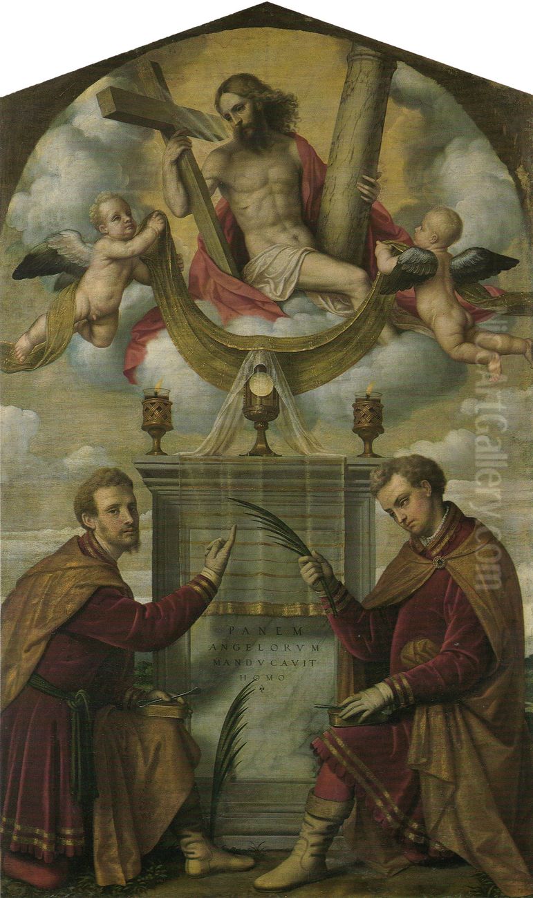 Christ with the Eucharist and Saints Cosmas and Damian Oil Painting by Alessandro Bonvicino (Moretto da Brescia)