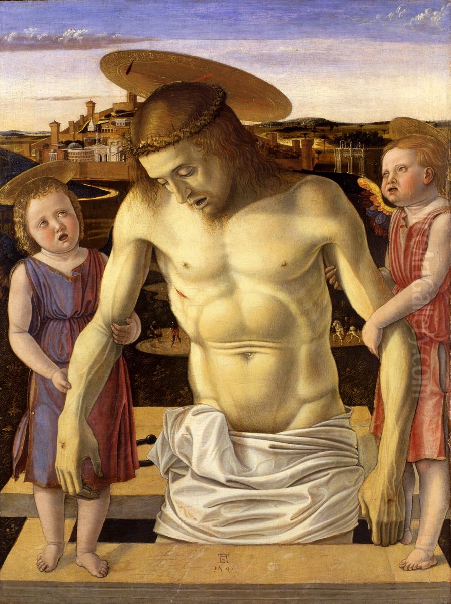 Dead Christ Supported by Two Angels Oil Painting by Giovanni Bellini
