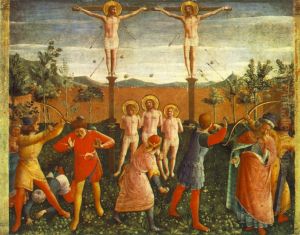 Die hll. Cosmas und Damian und ihre Bruder werden gekreuzigt, gesteinigt und mit Pfeilen beschossen